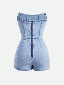 SHEIN MOD Camiseta de tirantes con punto de hueso de pescado azul y mono vaquero de verano para mujer - Azul - Ver 2