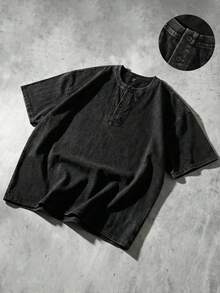 ROMWE MEN Men's Henley Neck Washed Loose Fit Short Sleeve T-Shirt - Black - View 1