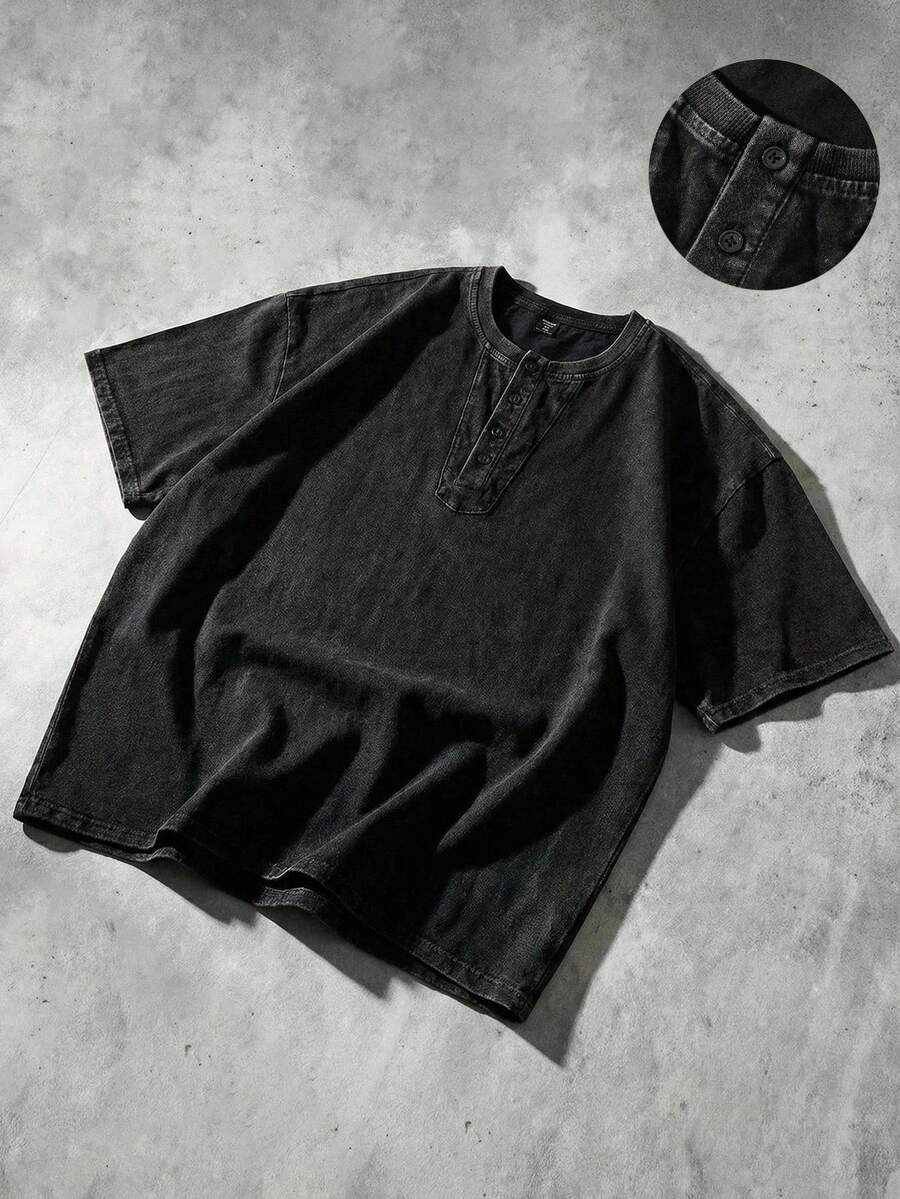 ROMWE MEN Men's Henley Neck Washed Loose Fit Short Sleeve T-Shirt - Black - View 1