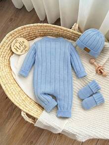 SHEIN 新生女宝宝可爱秋冬多功能针织连体衣，带脚套和帽子套装 - 藍色 - 查看 2