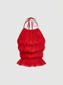 SHEIN MOD Shirred Red Halter Sleeveless Backless Crop Top.Red Halter Neck Top Ruffled Pleated Layers Elegant Sleeveless Soft Touch Artistic Lightweight Summer Sheer Finish Flowing Delicate Feminine Romantic Textured Boho Inspired Chic Airy Graceful Classic - Red - View 2