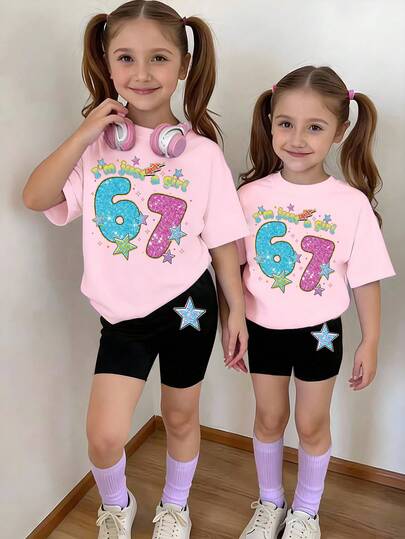 2pcs Young Girl Casual Fashionable Creative Unique Fresh Minimalist Digit 67 Pink Star Letter Slogan Print Top And Matching Shorts Set, Suitable For Daily & Holiday Casual Wear, Comfortable And Cozy