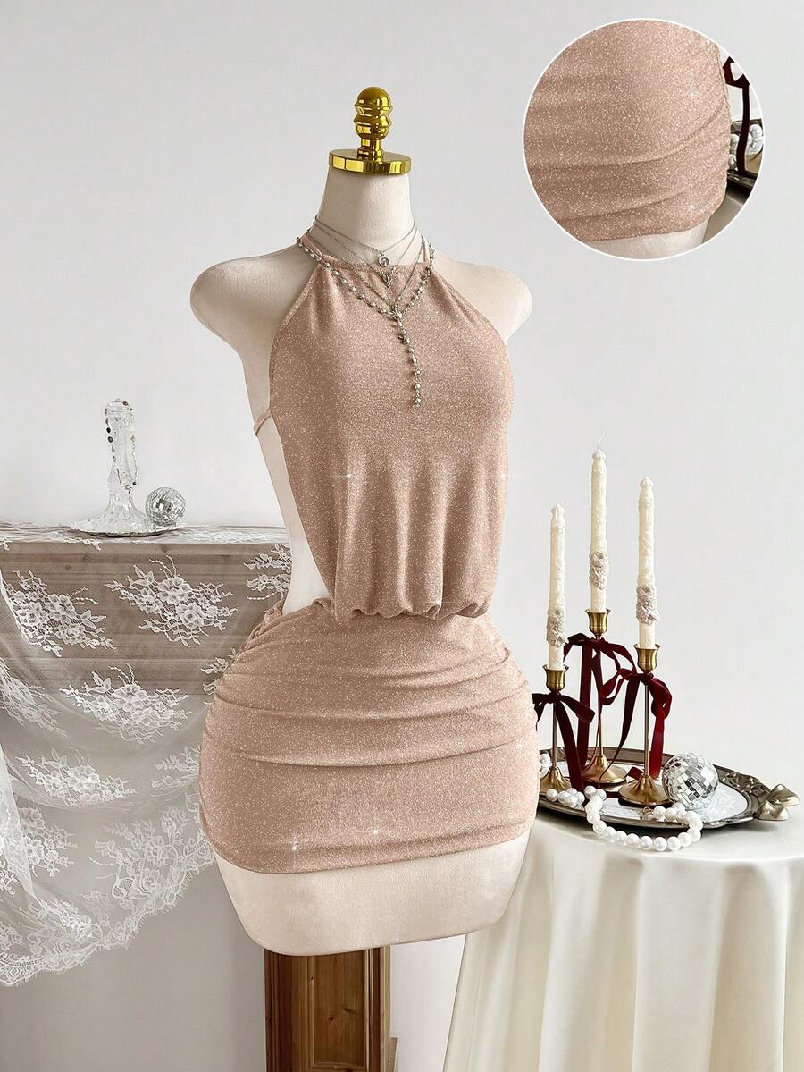 Elamini Sexy Backless Halter Metallic Shiny Mini Dress For Party - Champagne - View 1