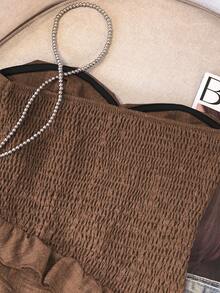 GlowEve 女士优雅不对称荷叶边抹胸上衣，适合夏季度假 - 咖啡棕 - 查看 4