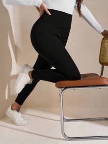 SHEIN LUNE Plus Size Fashionable Commuter Shiny Print Leggings, Winter Cozy Fall And Winter Christmas New Year Thanksgiving Party Elegant Leggings For Women - Black - View 2