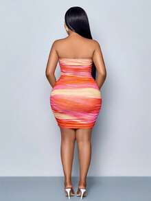 SOLERSUN 大码女式大理石纹印花无肩带紧身派对连衣裙（随机花卉印花） - 珊瑚粉 - 查看 2