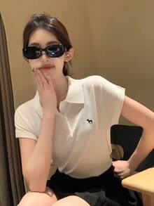 DAZY Women's Turndown Collar Korean Style Vacation Knit Top - White - View 6