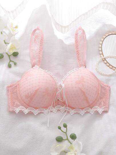 Sujetador con aros con decoración de encaje romántico y contraste