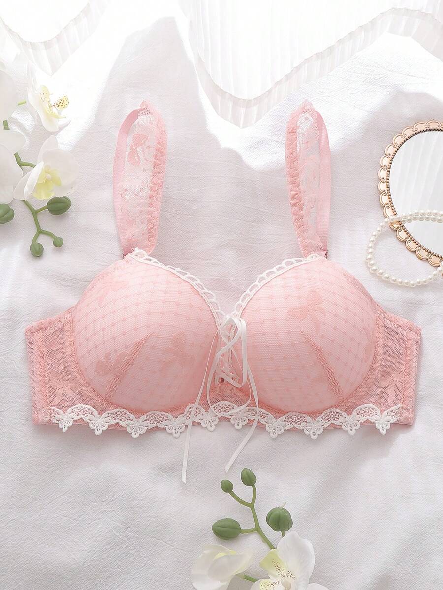 FairyFlirt Soutien-gorge à armatures avec décoration de dentelle contrastée, romantique pour femmes - Rose bonbon - Voir 1