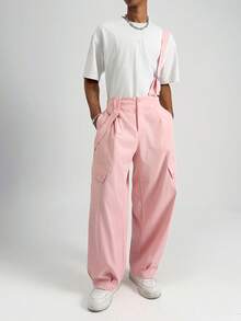 Manfinity Roghcode Men's Casual Fashionable Street Snap Adjustable Long Strap Jumpsuit For Daily Commute - Baby Pink - View 8