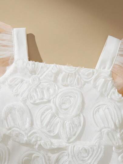 SHEIN 少女花卉装饰网纱拼接时尚优雅派对及日常穿着连衣裙