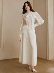 Anewsta Spring New Design Hollow Embroidery Solid Color Ribbon Long Sleeve Blouse For Women - White - View 6