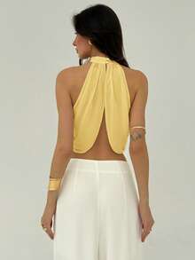 Aloruh Chiffon Vacation Casual Fashion Cross Ruched Back Neck Button Elegant Sexy Women Blouse - Yellow - View 2