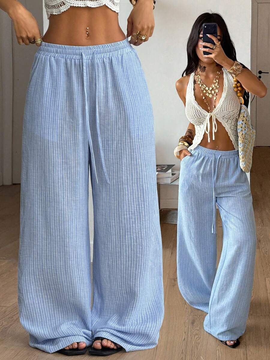 Coolane Women's Casual Striped Print Drawstring Waist Loose Wide Leg Pants, Suitable For Vacation, Daily Commute - Blue - View 1
