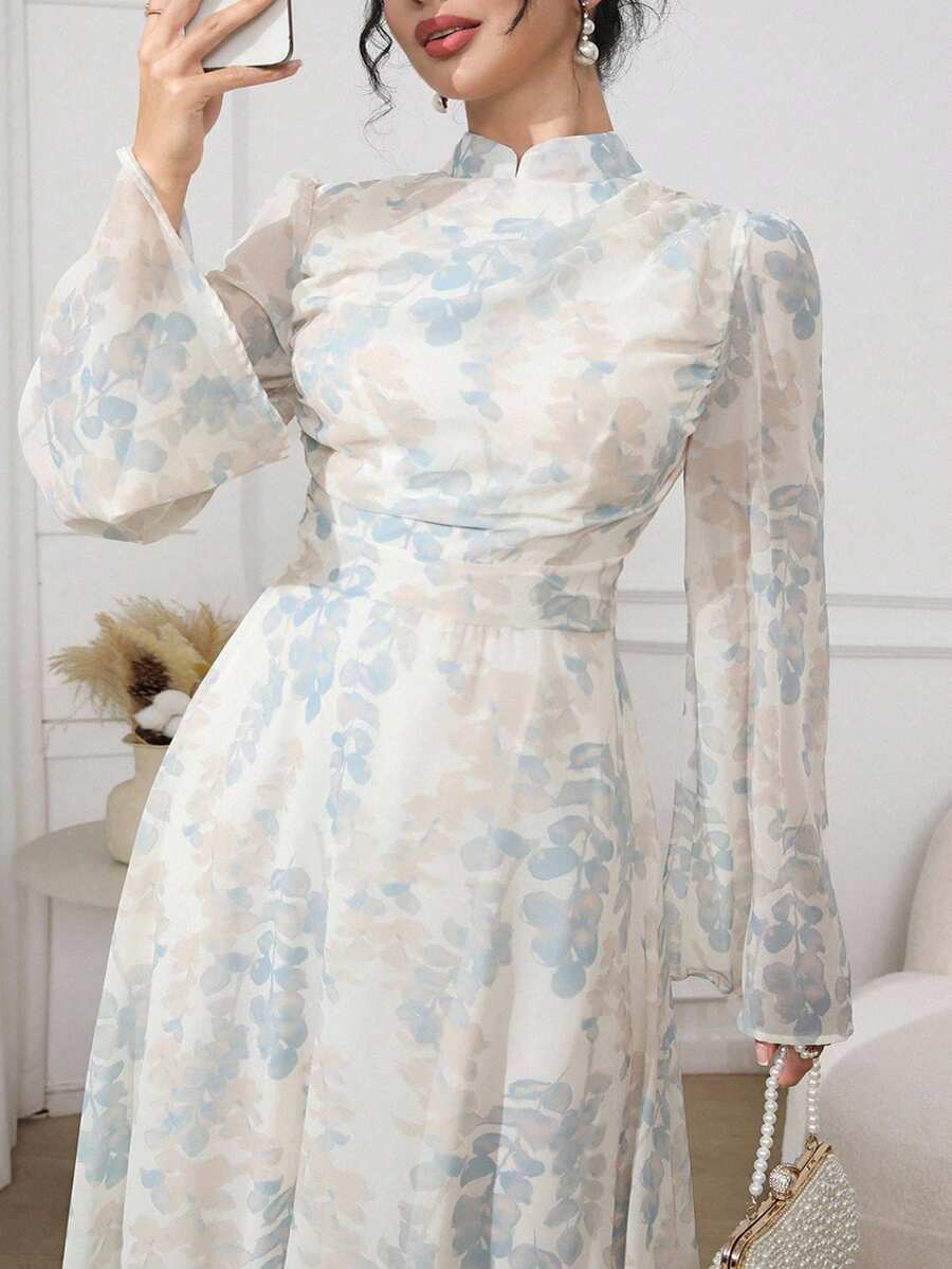 Veilorie 大码印花立领优雅长袖连衣裙 - 彩色 - 查看 1