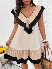 SHEIN Frenchy 大码女式撞色荷叶边V领时尚连衣裙 - 彩色 - 查看 1