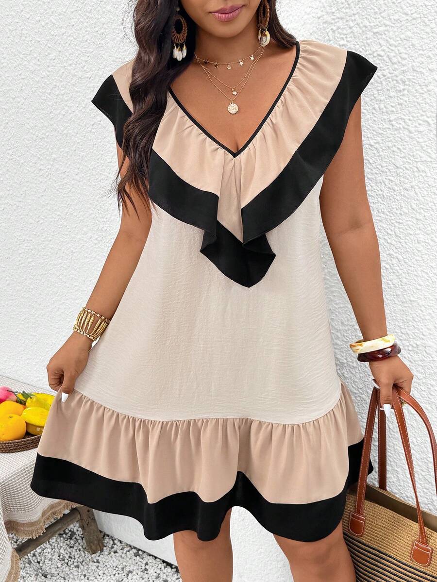 SHEIN Frenchy 大码女式撞色荷叶边V领时尚连衣裙 - 彩色 - 查看 1