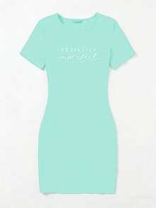SHEIN Unity 女士字母印花圆领休闲短袖连衣裙 - 綠色 - 查看 5