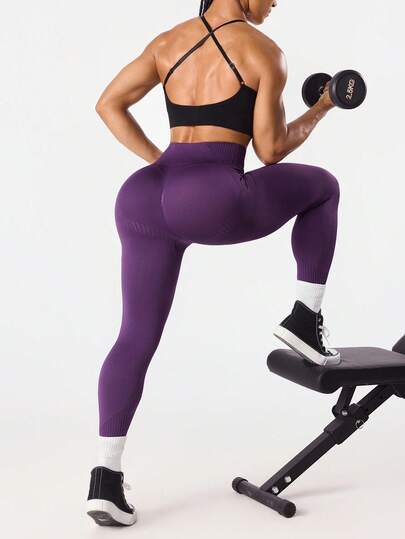 Seamluxe SHEIN Sport 1pc Moisture-Wicking, Butt-Lifting Basic Purple Seamless Sports Pants, Suitable For Fitness & Yoga