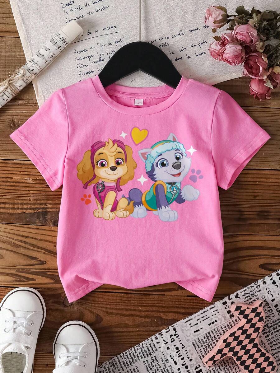 SHEIN | PAW Patrol Áo thun tay ngắn cổ tròn họa tiết hoạt hình dành cho bé gái - Hồng - Xem 1