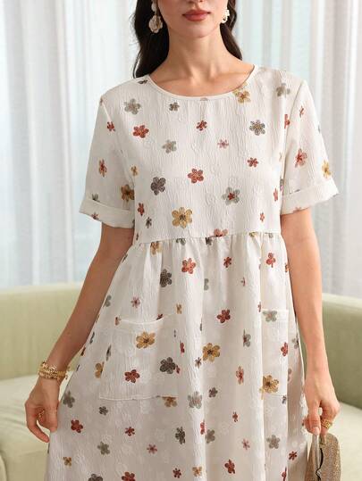 Yasmyna Women's Spring/Summer Apricot Jacquard Digital Print Pocket Short Sleeve A-Line Waist Elegant Romantic Arabic Style Dress