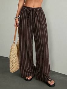 Pantalones casuales anchos de pierna ancha con cintura de corbata y rayas para mujer - Café integral - Ver 3