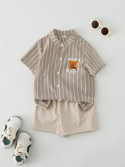 Set de 2 piezas Conjunto de ropa para niño pequeño, camisa de manga corta con estampado de oso a rayas caqui + pantalones cortos de cintura elástica de unicolor, estilo casual, uso diario, conjunto retro de oso para niño pequeño de vacaciones, 7 años, conjunto de verano de 2 piezas de lino, traje casual para niños