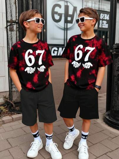 SHEIN Camiseta de manga corta con cuello redondo y estampado de suerte 67 para niños, estilo casual, primavera/verano