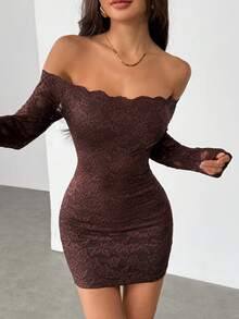 SHEIN PETITE Đầm ngắn tay dài trễ vai phối ren dành cho nữ, đầm hè, quần áo mùa hè, đầm màu nâu đậm, đầm gợi cảm màu nâu. - màu nâu - Xem 4