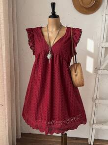 Rusticease Plus Size Red Jacquard Pocket V Neck Cap Sleeve Dress Vacation Beach Spring Summer 2026 - Burgundy - View 5