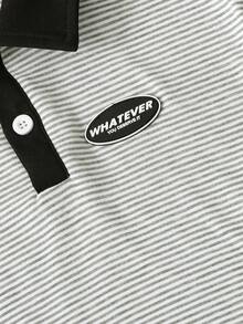 SHEIN 男童夏季休闲条纹针织Polo衫和松紧腰牛仔短裤两件套 - 黑與白 - 查看 5