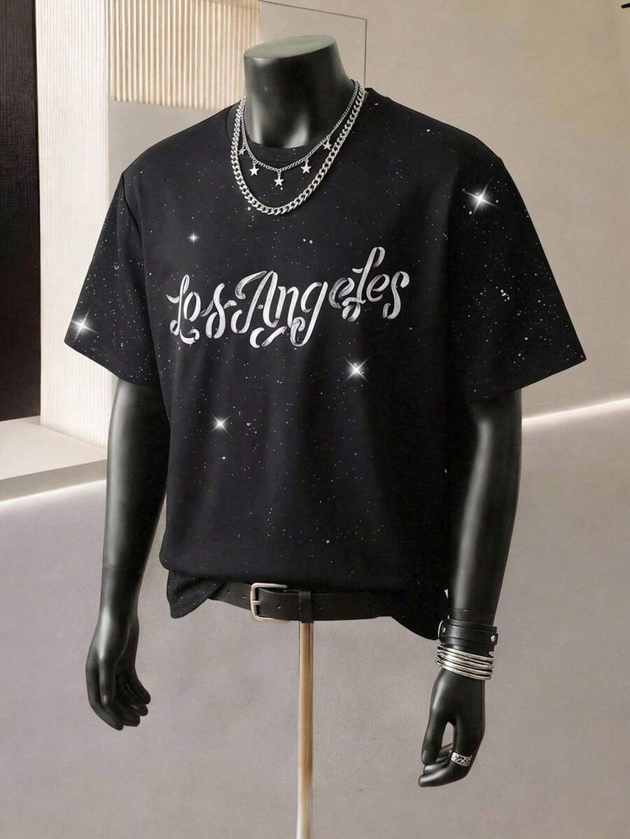 Manfinity Joysei Áo thun nam cổ tròn in chữ tay ngắn có in hình lá kim, mùa hè - màu đen - Xem 1