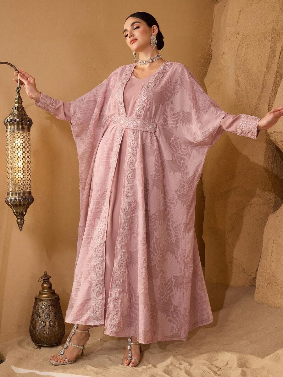 Layrah French Elegant Fabric Patchwork Luxurious Ribbon Women's Fashionable 2 Pieces Dress Set - Pink - View 1