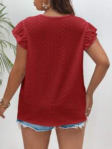 SHEIN Frenchy 大码夏季休闲简约镂空刺绣荷叶边圆领T恤 - 紅色 - 查看 2