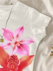 少女休闲舒适时尚简约百搭创意印花短袖露脐上衣，夏季上衣 - 白色 - 查看 4