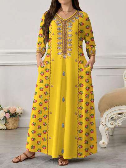 Al Najma Plus Size Women's Pink Striped Digital Print V-Neck Short Sleeve Dress With Pockets And Flared Hem, Spring/Summer, Turkish Dress, Yellow Maxi Dress Women