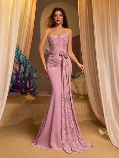 Glamrae Elegant Lotus Pink Novelty Strapless Romantic Lace Patchwork Asymmetrical Cup Sheer Front Fishbone Fishtail Slit Waist Romantic 3D Floral Cascading Dress, Suitable For Dates, Vacations, Singles Parties, Back To School, Weddings, Women's Evening Gowns