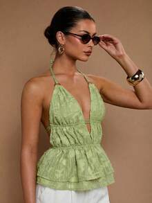 COSMINA Camiseta de tirantes finos con espalda descubierta y volantes en el bajo, para vacaciones de verano de mujer - Verde - Ver 5