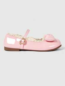 ROMWE Kawaii Giày bệt nữ thời trang trong suốt đính nơ, kiểu Mary Jane, giày da nhỏ xinh, giày lười đế mềm, giày đi váy. - Ren da sáng màu hồng - Xem 5