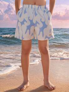 SUMWON Boys Swim Shorts All Over Print Abstract Pattern Elastic Waistband Beach Pool Summer Vacation Casual Trunks Lightweight Quick Access Side Pockets Mid Thigh Length - Apricot - View 1