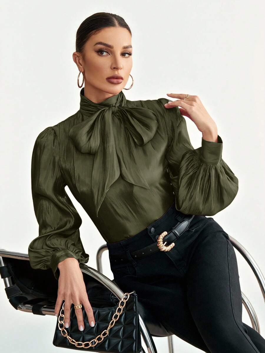 Aveloria Modichic 纯色系带领灯笼袖衬衫 节日派对服装 纽扣衬衫 女款 - 墨綠色 - 查看 1