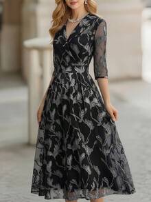 EMERY ROSE Đầm dạ hội dài kiểu Pháp thanh lịch với họa tiết lá cây, thích hợp cho nữ, mùa xuân/thu. - Nhiều màu - Xem 5