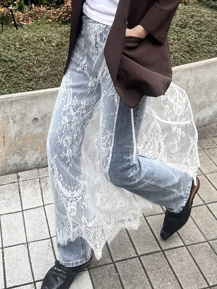 FRIFUL 女士纯白色薄纱蕾丝面料层叠喇叭宽松休闲百搭半身裙 - 白色 - 查看 6