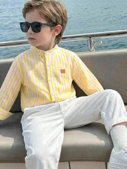 2pcs Young Boys Cute Urban Gentleman Outfit, Yellow Striped Collar Shirt & White Casual Pants Set, Suitable For Birthday Party, Evening Event, Performance, Wedding, Baby Shower, All Seasons
