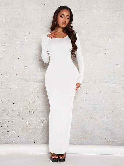 Radiana Women's Solid White Knit Fitted Long Sleeve Dress