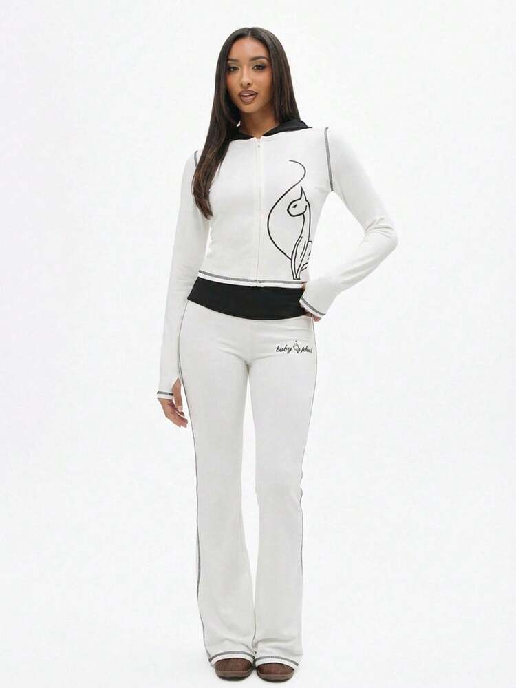 BABYPHAT Women's Cat Print Zip Up Hooded Top With Contrast Trim Long Sleeve Casual Sweatshirt Jacket