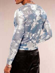 FeverCity 男士休闲时尚扎染印花薄纱长袖修身T恤，适合春、夏、秋季穿着 - 藍色 - 查看 2