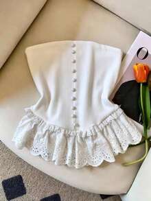 GlowEve New Spring/Summer Sweet & Spicy Elegant Casual Bandeau Embroidered Double Ruffle Splice Button Camisole Top, Designed Specifically For Women - White - View 3
