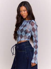 MUSERA Diamond Print Mesh Asymmetric Hem Long Flared Sleeve Top Autumn Winter Cool Streetwear Going Out Casual Everyday New Retro Spring Summer - Baby Blue - View 4