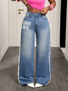 BamGleam Cowgirl Outfit, Non-Stretch Blue Embroidered Straight-Leg Pants, Spring Outfits For Women - Light Wash - View 4